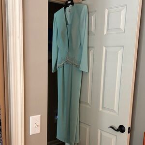 Long Gown with Beaded Jacket with Lace Trim in Mint Green
